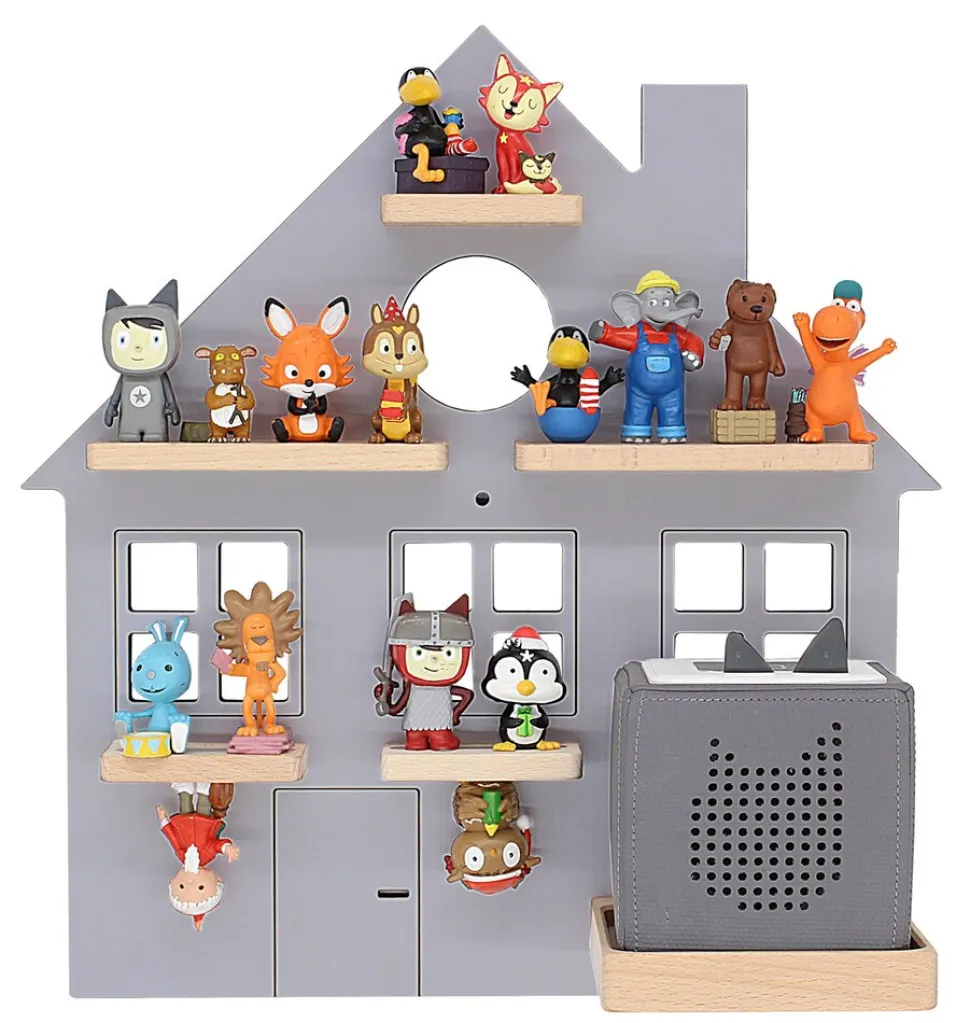 BOARTI Kinderregal Haus | hängend für Toniebox und Tonie Figuren | platzsparendes Regal | H. 44 x B. 42 x T. 19 cm | Wandregal für Musikbox und Figuren Aufbewahrung Magneteinsätzen | Aufbewahrungsregal Holz