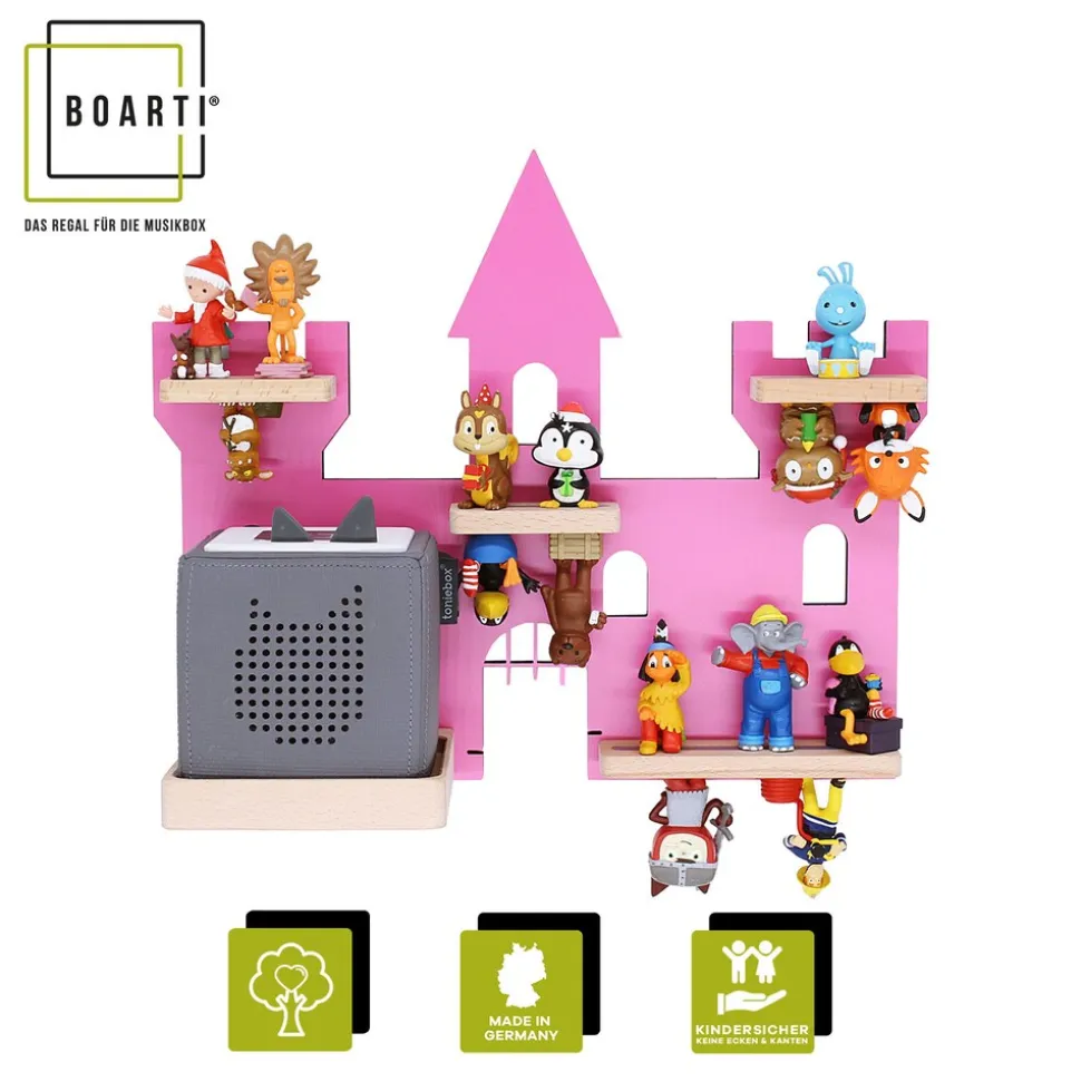 BOARTI Kinderregal Haus Schloss | hängend für Toniebox und Tonie Figuren | platzsparendes Regal | H. 34 x B. 42 x T. 19 | Wandregal Musikbox und Figuren Aufbewahrung Magneteinsätzen | Aufbewahrungsregal Holz
