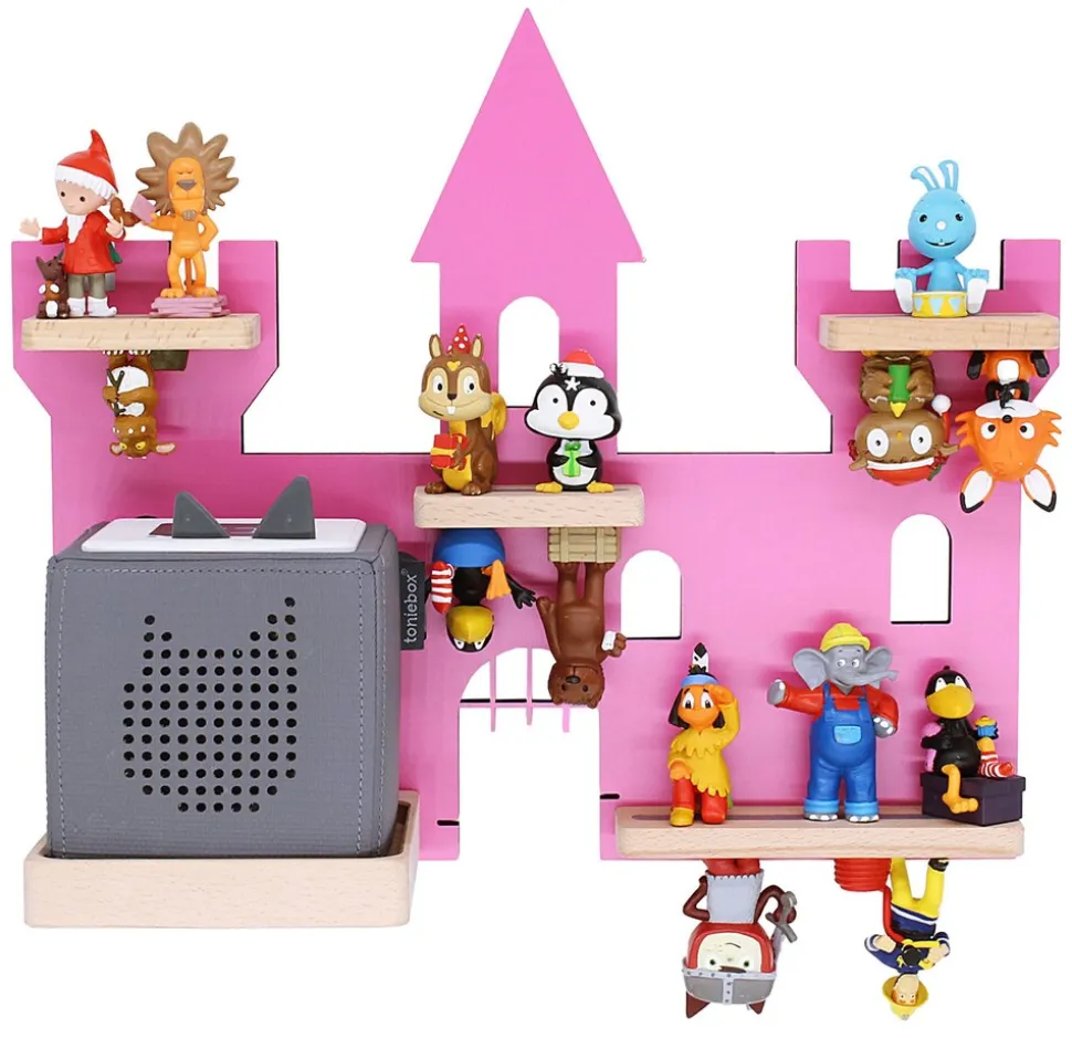BOARTI Kinderregal Haus Schloss | hängend für Toniebox und Tonie Figuren | platzsparendes Regal | H. 34 x B. 42 x T. 19 | Wandregal Musikbox und Figuren Aufbewahrung Magneteinsätzen | Aufbewahrungsregal Holz