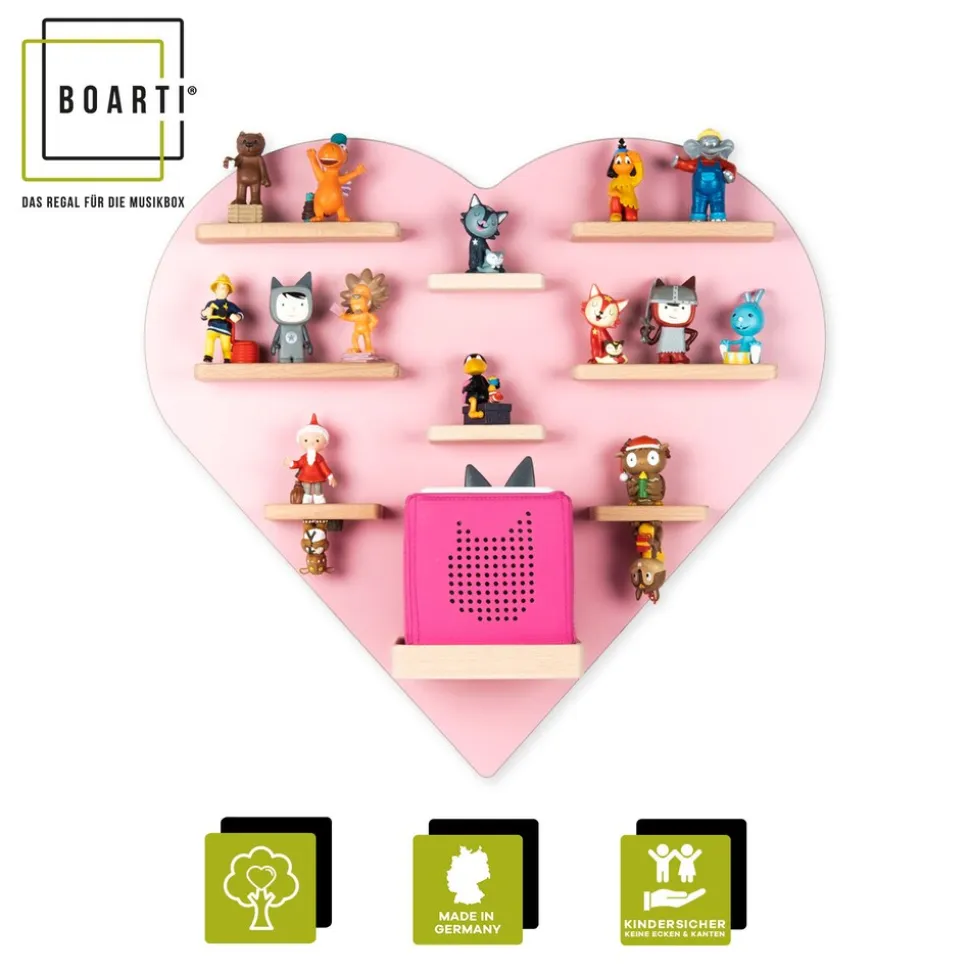 BOARTI Kinderregal Herz | hängend für Toniebox und Tonie Figuren | platzsparendes Regal | H. 51 x B. 54 x T. 19 cm | Wandregal für Musikbox und Figuren Aufbewahrung Magneteinsätzen | Aufbewahrungsregal Holz