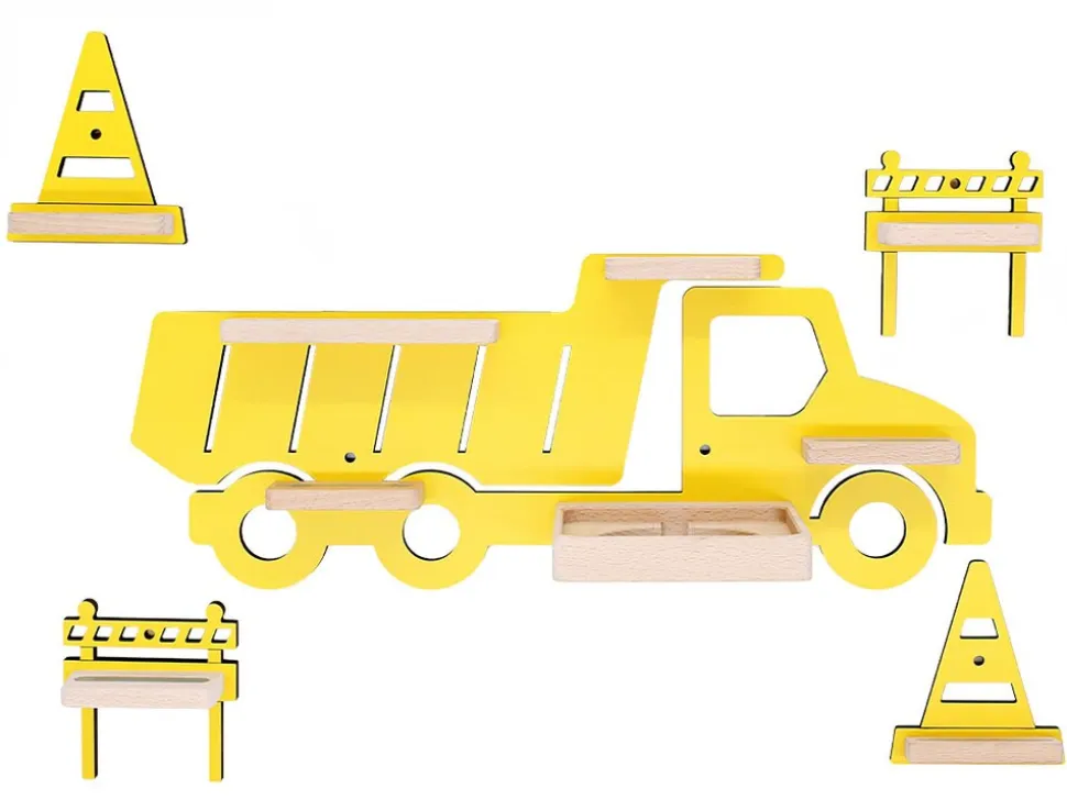 BOARTI Kinderregal LKW Bagger | hängend für Toniebox und Tonie Figuren | platzsparendes Regal | H. 43 x B. 47 x T. 19 cm | Wandregal Musikbox Figuren Aufbewahrung Magneteinsätzen | Aufbewahrungsregal Holz
