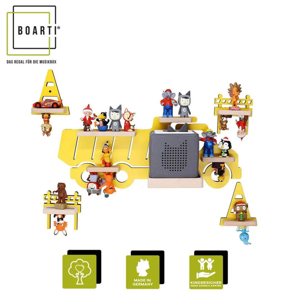 BOARTI Kinderregal LKW Bagger | hängend für Toniebox und Tonie Figuren | platzsparendes Regal | H. 43 x B. 47 x T. 19 cm | Wandregal Musikbox Figuren Aufbewahrung Magneteinsätzen | Aufbewahrungsregal Holz