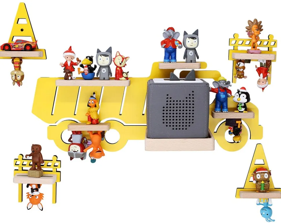 BOARTI Kinderregal LKW Bagger | hängend für Toniebox und Tonie Figuren | platzsparendes Regal | H. 43 x B. 47 x T. 19 cm | Wandregal Musikbox Figuren Aufbewahrung Magneteinsätzen | Aufbewahrungsregal Holz