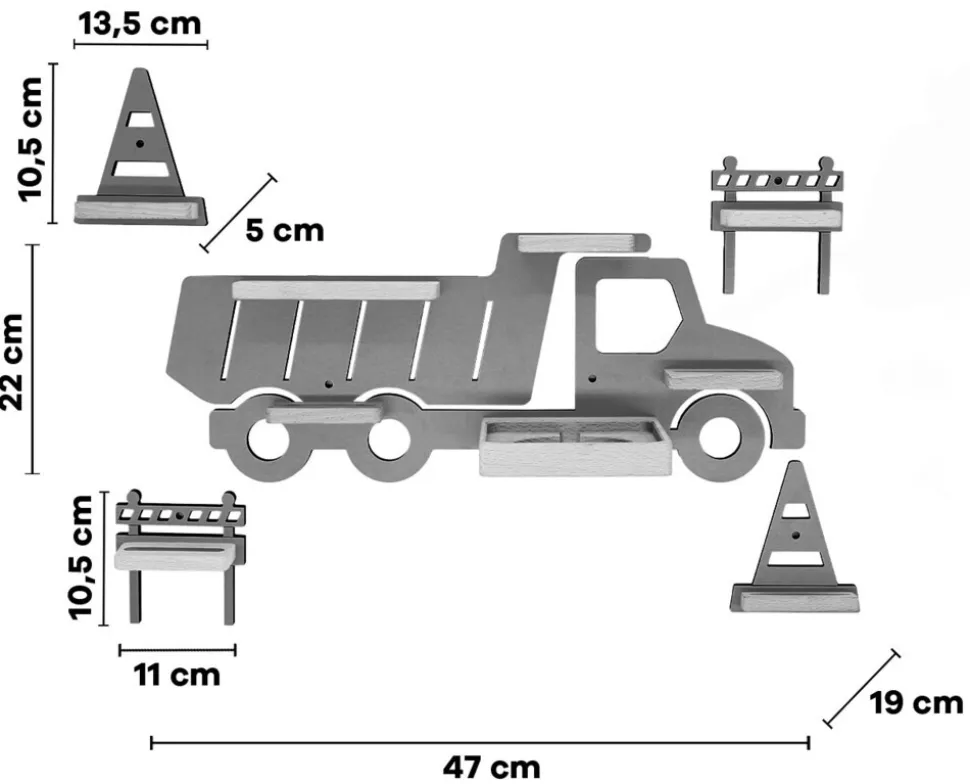BOARTI Kinderregal LKW Bagger | hängend für Toniebox und Tonie Figuren | platzsparendes Regal | H. 43 x B. 47 x T. 19 cm | Wandregal Musikbox Figuren Aufbewahrung Magneteinsätzen | Aufbewahrungsregal Holz