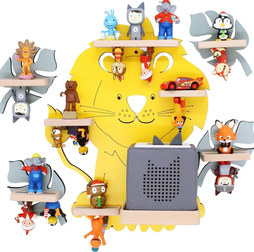 BOARTI Kinderregal Tier Löwe | hängend für Toniebox und Tonie Figuren | platzsparendes Regal | H. 42 x B. 42 x T. 19 cm | Wandregal Musikbox und Figuren Aufbewahrung Magneteinsätzen | Aufbewahrungsregal Holz