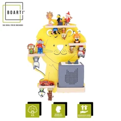 BOARTI Kinderregal Tier Löwe | hängend für Toniebox und Tonie Figuren | platzsparendes Regal | H. 42 x B. 32 x T. 19 | Wandregal Musikbox Figuren Aufbewahrung Magneteinsätzen | Aufbewahrungsregal Holz Wolken