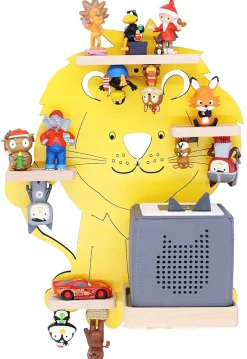 BOARTI Kinderregal Tier Löwe | hängend für Toniebox und Tonie Figuren | platzsparendes Regal | H. 42 x B. 32 x T. 19 | Wandregal Musikbox Figuren Aufbewahrung Magneteinsätzen | Aufbewahrungsregal Holz Wolken