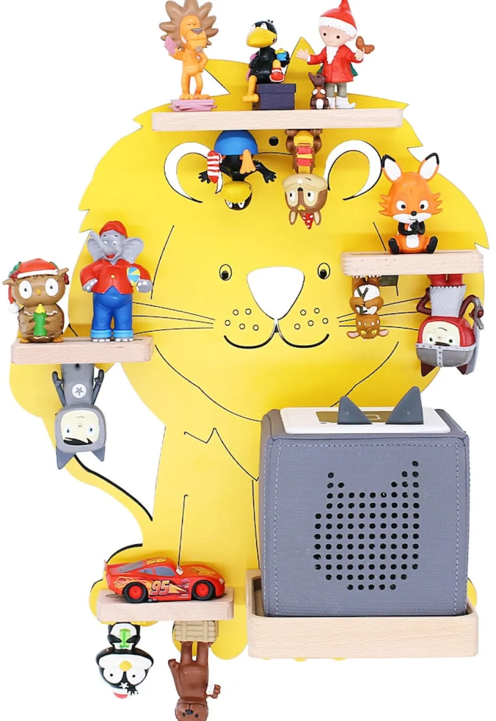 BOARTI Kinderregal Tier Löwe | hängend für Toniebox und Tonie Figuren | platzsparendes Regal | H. 42 x B. 32 x T. 19 | Wandregal Musikbox Figuren Aufbewahrung Magneteinsätzen | Aufbewahrungsregal Holz Wolken