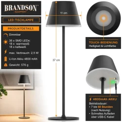 Brandson LED Tischleuchte mit Akku, Kabellos, mit Touch, Helligkeit stufenlos dimmbar, aus Metal, Dimmfunktion; Ein-/Ausschalter; Farbwechsel; mehrere Helligkeitsstufen, LED fest integriert, Kaltweiß, Neutralweiß, Warmweiß, Tischlampe, Nachttischlampe, Les