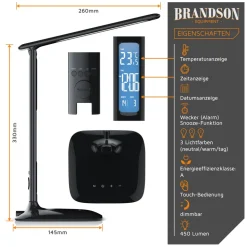Brandson Schreibtischlampe, LED, Dimmbar, Farbwechsel, Temperatur-, Alarm- & Kalenderfunktion, Tischlampe
