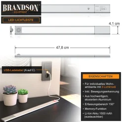 Brandson Unterschrankleuchte Nachtlicht mit Bewegungsmelder digital, Unterbauleuchte, 1500 mAh Akku, SMD LED, warmweiß, neutralweiß, kaltweiß, abnehmbar, Lichtsensor, 300 Lm, PIR Bewegungssensor, Timer