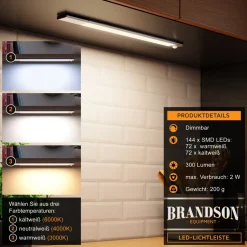 Brandson Unterschrankleuchte Nachtlicht mit Bewegungsmelder digital, Unterbauleuchte, 1500 mAh Akku, SMD LED, warmweiß, neutralweiß, kaltweiß, abnehmbar, Lichtsensor, 300 Lm, PIR Bewegungssensor, Timer