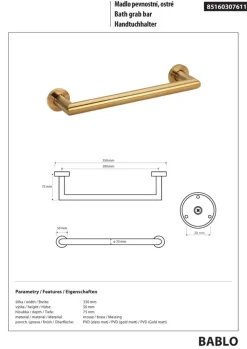 Brillantbad BABLO Handtuchhalter Messing Gold matt 75x350x50 mm für Bad & Küche >> zum Bohren oder Kleben*