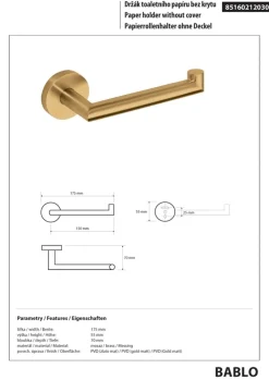 Brillantbad BABLO Papierrollenhalter ohne Deckel Messing Gold matt 70x175x55 mm für Bad & WC >> zum Bohren oder Kleben*