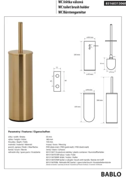 Brillantbad BABLO WC-Bürstengarnitur Messing Gold matt 105x95x380 mm für Bad & WC >> zum Bohren