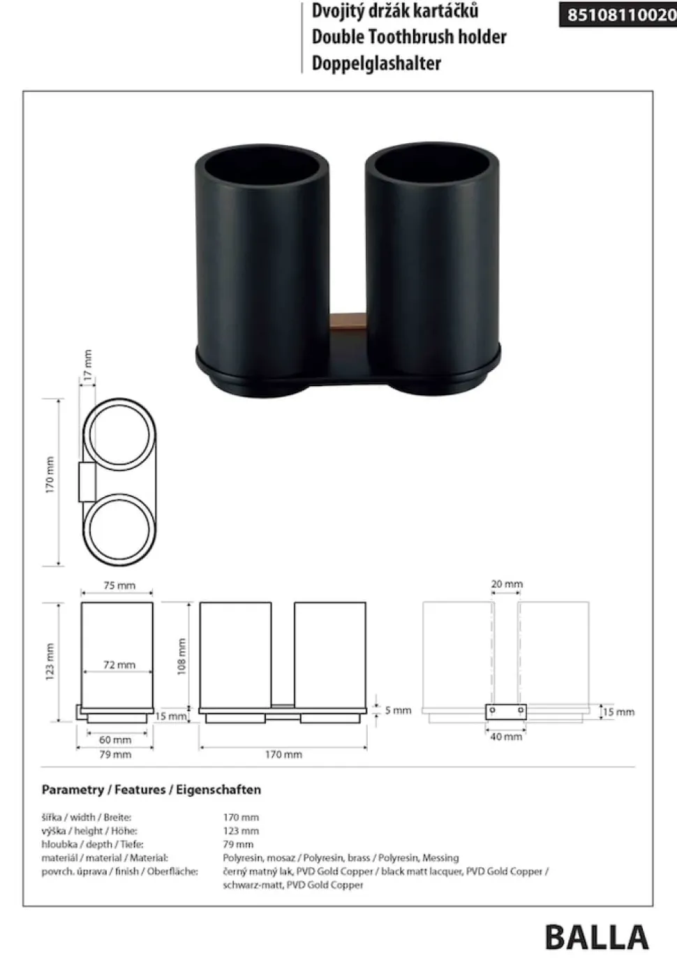 Brillantbad BALLA Doppelglashalter Messing Polyresin Schwarz Kupfer 170x123x79 mm für Bad & Küche >> zum Bohren
