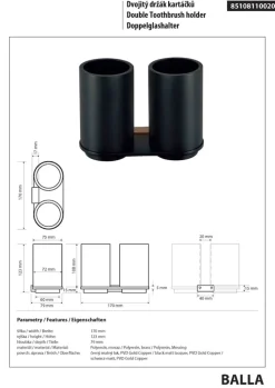 Brillantbad BALLA Doppelglashalter Messing Polyresin Schwarz Kupfer 170x123x79 mm für Bad & Küche ><noscript><img width=