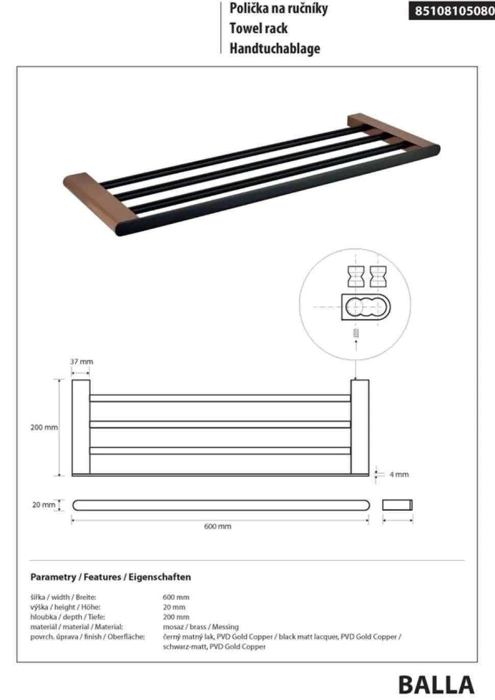 Brillantbad BALLA Handtuchablage Messing Schwarz Kupfer 600x20x200 mm für Bad & Küche >> zum Bohren