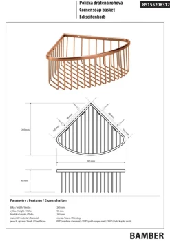 Brillantbad BAMBER Eckseifenkorb Messing Gold Kupfer matt 265x90x205 mm für Bad & Küche >> zum Bohren