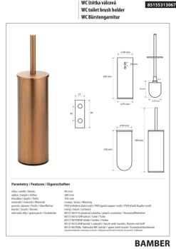 Brillantbad BAMBER WC-Bürstengarnitur Messing Gold Kupfer matt 95x342x105 mm für Bad & WC >> zum Bohren