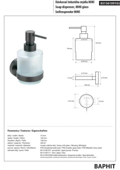 Brillantbad BAPHIT Seifenspender MINI Messing Metallic Grau matt Milchglas 75x145x100 mm, 200 ml für Bad & Küche >> zum Bohren oder Kleben*