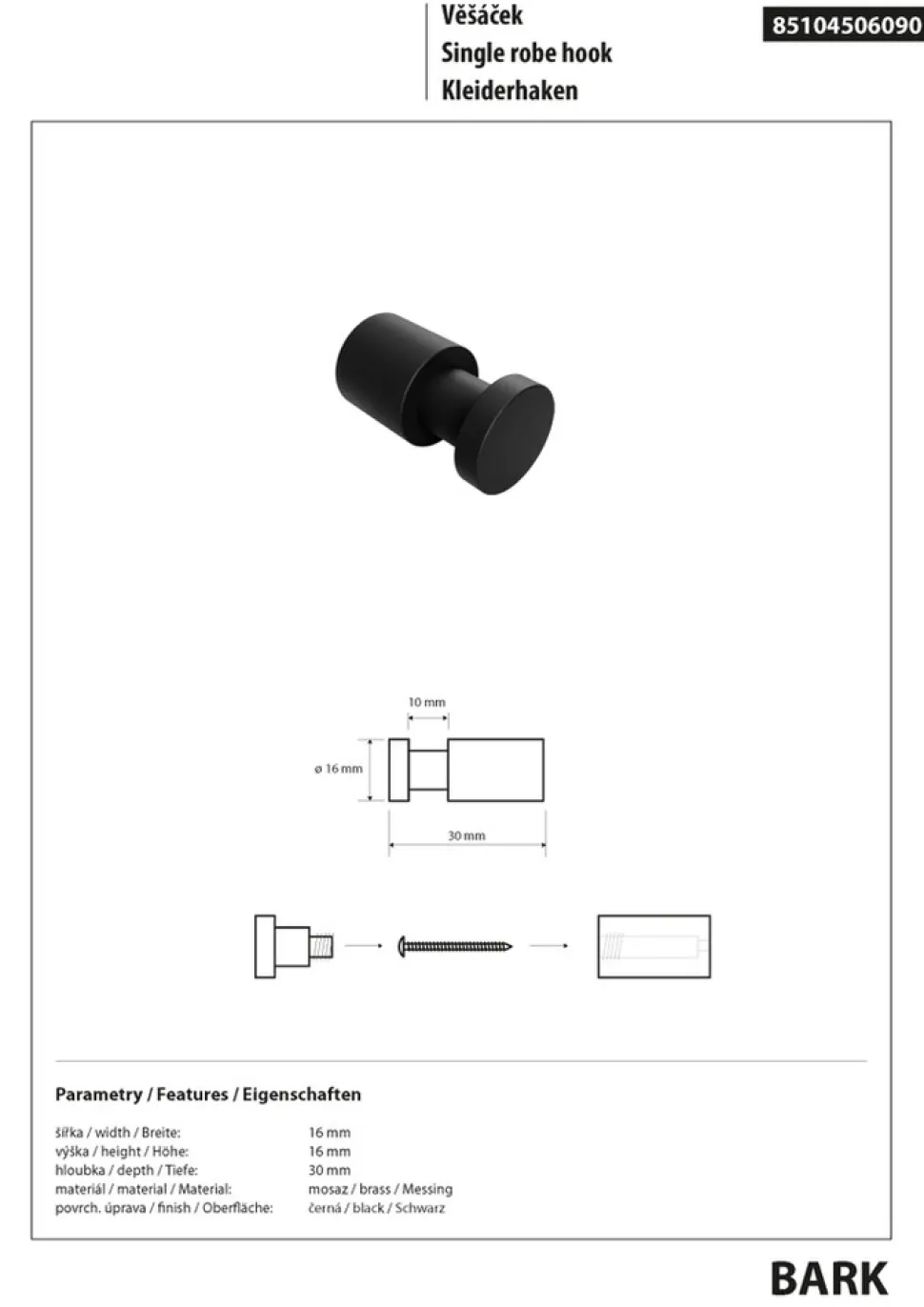 Brillantbad BARK Kleiderhaken Messing Schwarz 30x16x16 mm für Bad & Küche >> zum Bohren