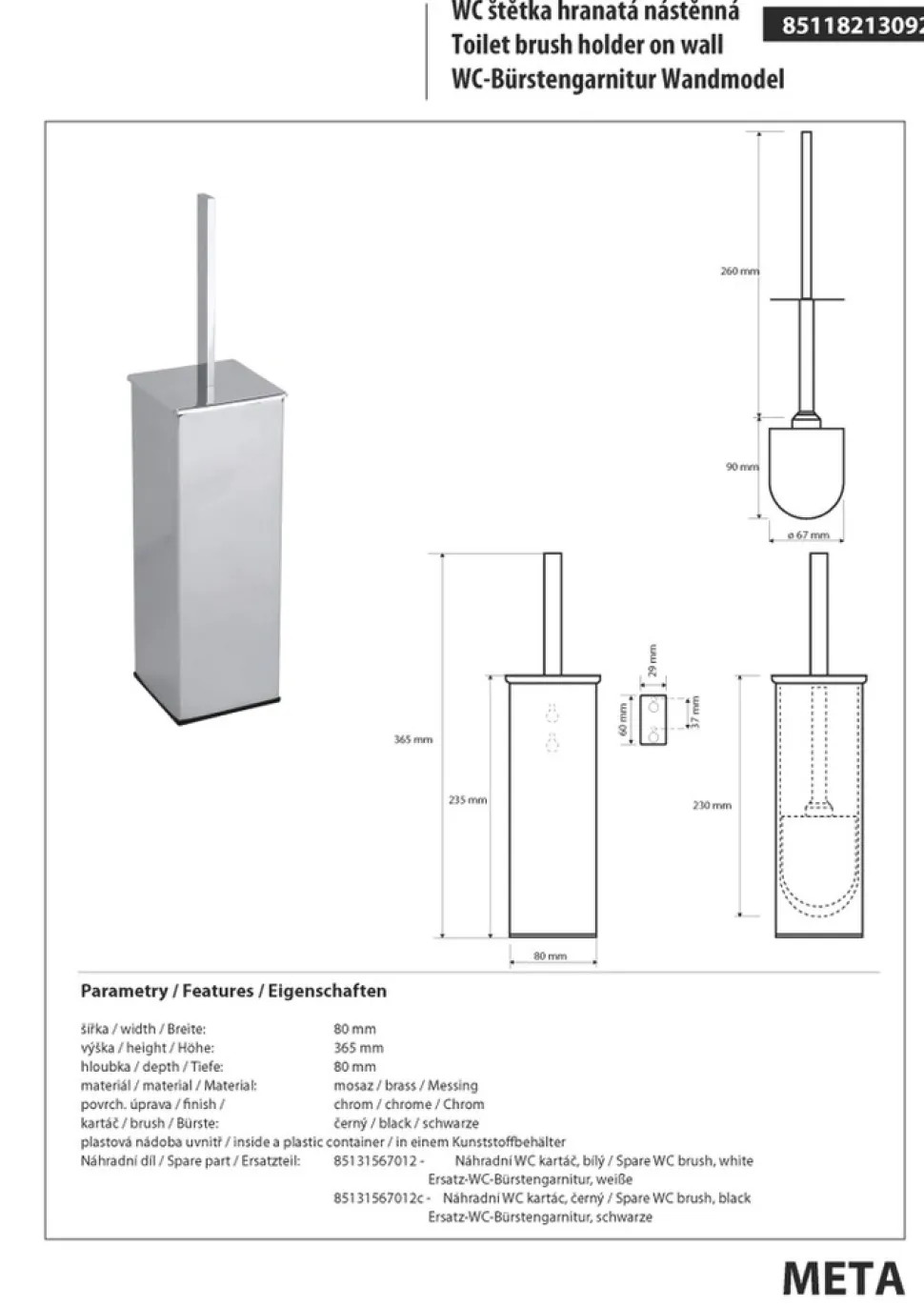 Brillantbad BASA WC-Bürstengarnitur stehend oder hängend Messing Chrom 80x365x80 mm für Bad & WC >> zum Bohren oder Freistehend anwendbar