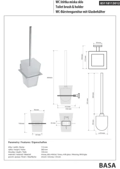 Brillantbad BASA WC-Bürstengarnitur mit Glasbehälter Messing Milchglas Chrom 112x360x150 mm für Bad & WC >> zum Bohren