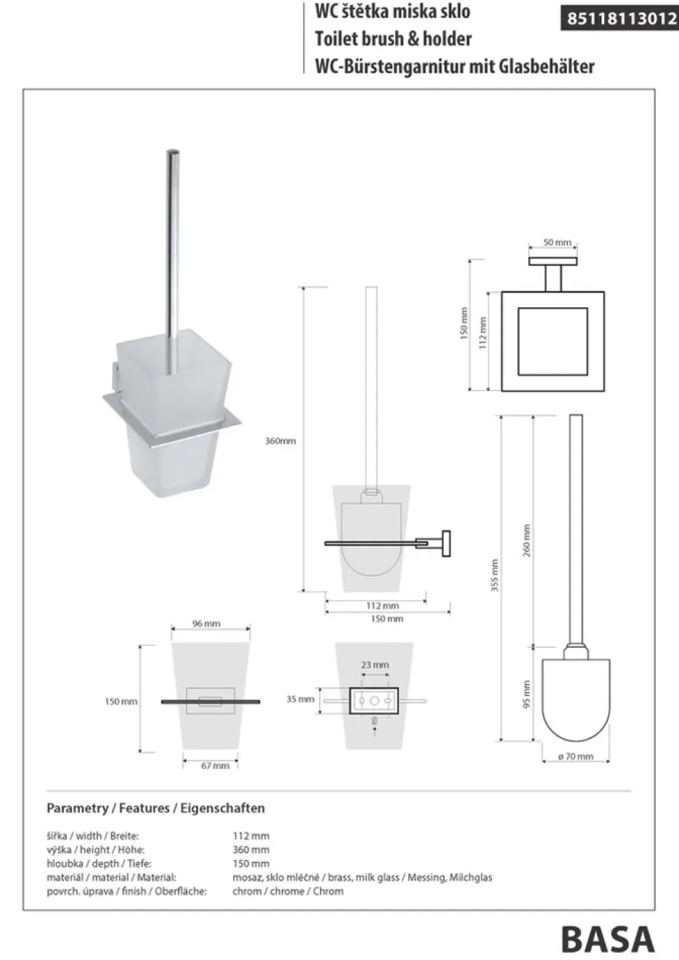 Brillantbad BASA WC-Bürstengarnitur mit Glasbehälter Messing Milchglas Chrom 112x360x150 mm für Bad & WC >> zum Bohren