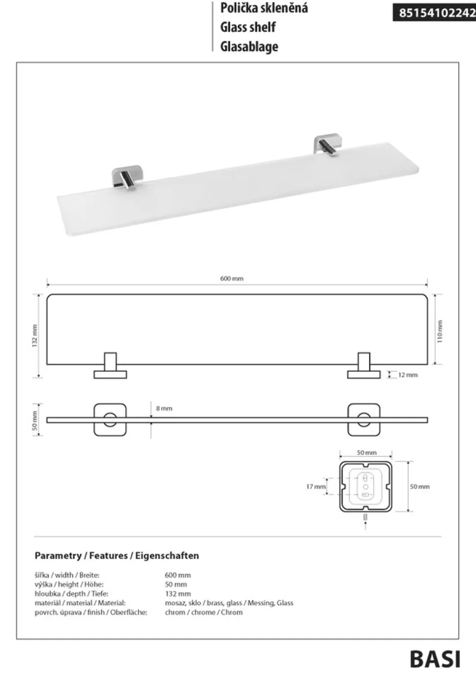 Brillantbad BASI Glasablage Messing Glas Chrom poliert 600x50x132 mm für Bad & WC >> zum Bohren