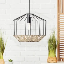 BRILLIANT Templo Pendelleuchte 37cm schwarz/natur Innenleuchten,Pendelleuchten | 1x A60, E27, 40W, geeignet für Normallampen (nicht enthalten) | In der Höhe einstellbar / Kabel kürzbar