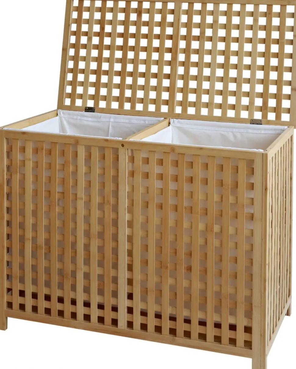 CLP Wäschebox für Schmutzwäsche 2 Fächer Dorothea, Wäschesammler Holz Wäschesäcke waschbar herausnehmbar, Bambusrahmen für Badezimmer