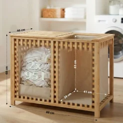 CLP Wäschebox für Schmutzwäsche 2 Fächer Dorothea, Wäschesammler Holz Wäschesäcke waschbar herausnehmbar, Bambusrahmen für Badezimmer