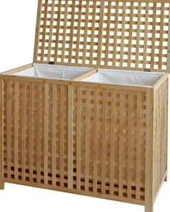 CLP Wäschebox für Schmutzwäsche 2 Fächer Dorothea, Wäschesammler Holz Wäschesäcke waschbar herausnehmbar, Bambusrahmen für Badezimmer