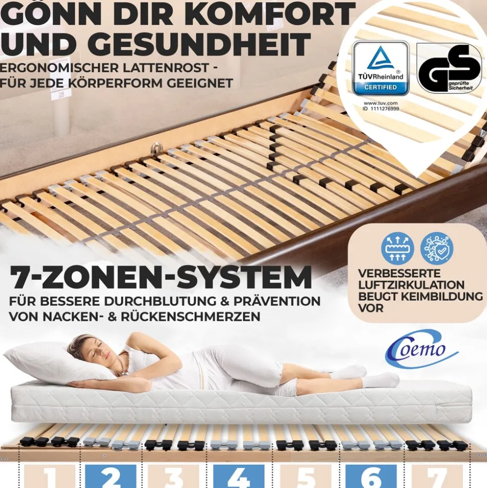 Coemo 7-Zonen Lattenrost ERGO K 80x210 verstellbar Kopfteil Härtegrad verstellbar 30 Leisten