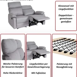 2er Kinosessel MCW-L93, Relaxsessel Fernsehsessel Sofa, Armlehne Liegefunktion Nosagfederung Stoff/Textil ~ grau-braun