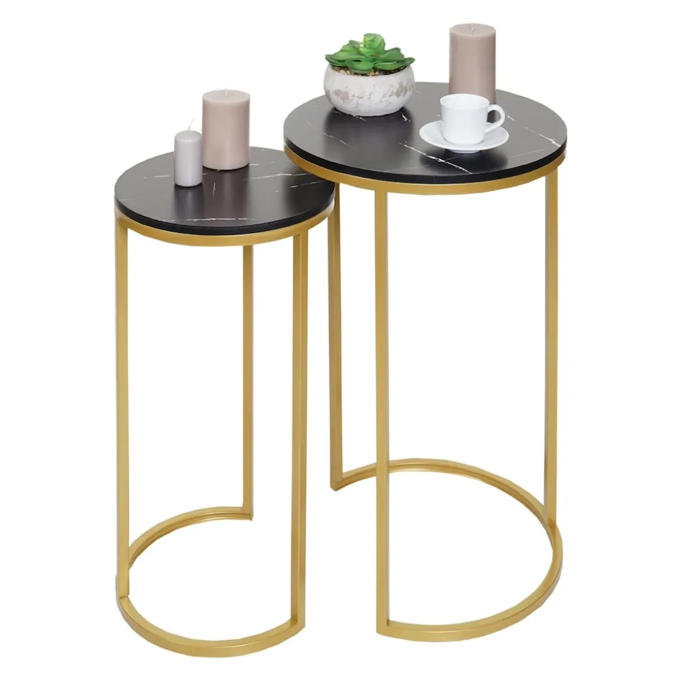 2er-Set Beistelltisch MCW-K46, Kaffeetisch Nachttisch Loungetisch, Marmor-Optik MDF ~ schwarz-gold
