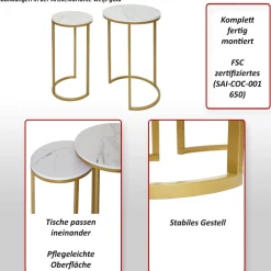 2er-Set Beistelltisch MCW-K46, Kaffeetisch Nachttisch Loungetisch, Marmor-Optik MDF ~ schwarz-gold