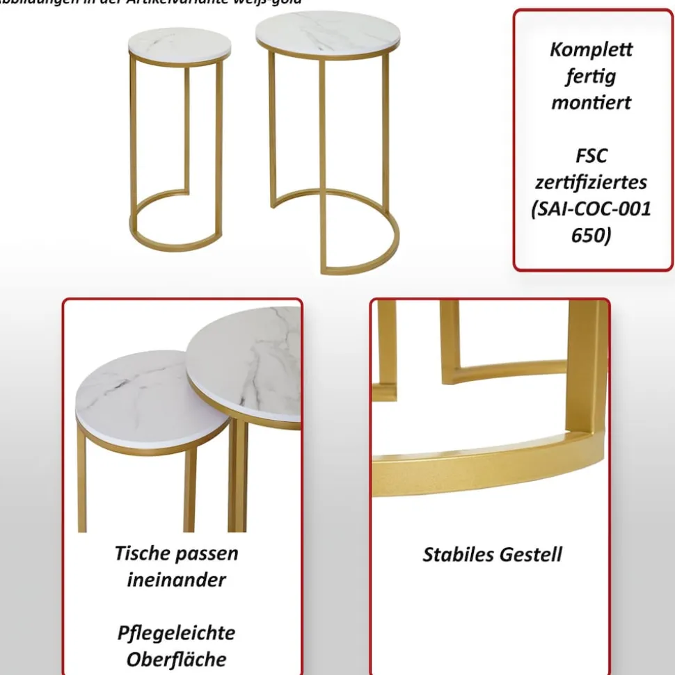 2er-Set Beistelltisch MCW-K46, Kaffeetisch Nachttisch Loungetisch, Marmor-Optik MDF ~ schwarz-gold