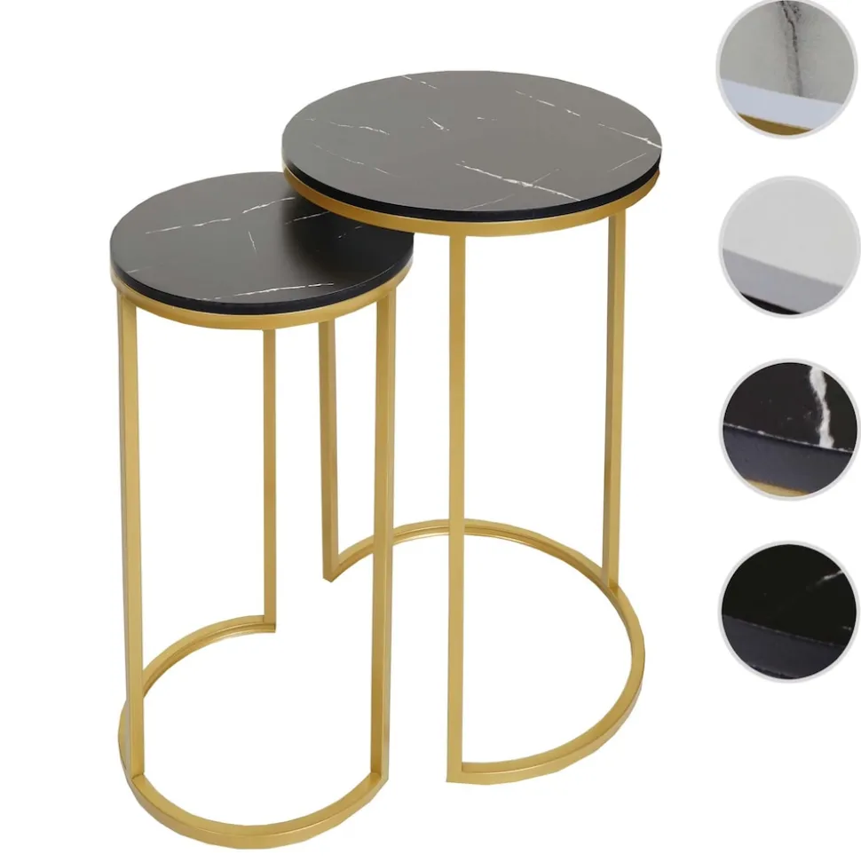 2er-Set Beistelltisch MCW-K46, Kaffeetisch Nachttisch Loungetisch, Marmor-Optik MDF ~ schwarz-gold