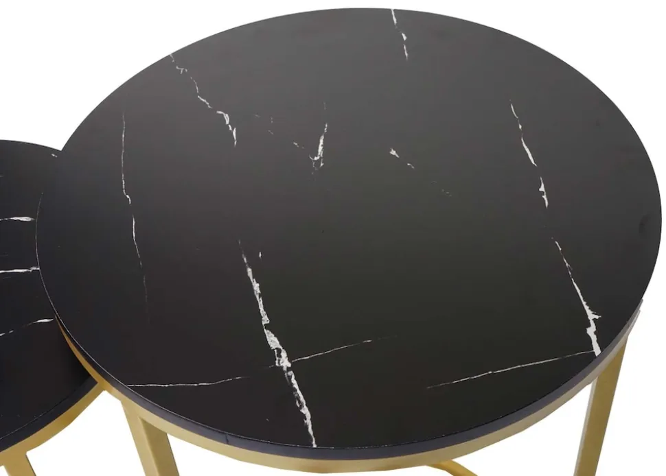 2er-Set Beistelltisch MCW-K46, Kaffeetisch Nachttisch Loungetisch, Marmor-Optik MDF ~ schwarz-gold
