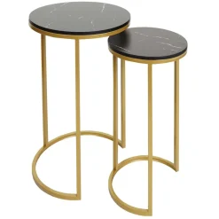 2er-Set Beistelltisch MCW-K46, Kaffeetisch Nachttisch Loungetisch, Marmor-Optik MDF ~ schwarz-gold