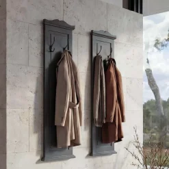 2er-Set Garderobe H33, Wandgarderobe Garderobenpaneel, Wandhaken Holz 109x28x4cm ~ dunkelgrau lackiert