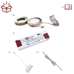 3er Set LED Einbauspot Unterbauspot Edelstahl gebürstet 12VDC 3 Watt Warmweiß 6,3 cm Ø Einbaustrahler für Möbel inkl. Aufsatzring