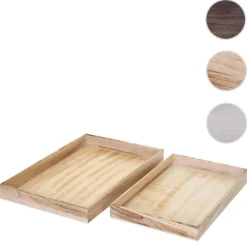 2er Set Schale H285, Serviertablett Frühstückstablett Holztablett Dekotablett, Shabby-Look Vintage ~ naturbraun