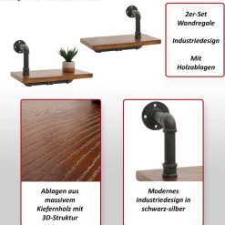 2er-Set Wandregal MCW-N29, Hängeregal Regal Bücherregal, 3D-Struktur Industrial Stahl Massiv-Holz 29x45x25cm ~ braun