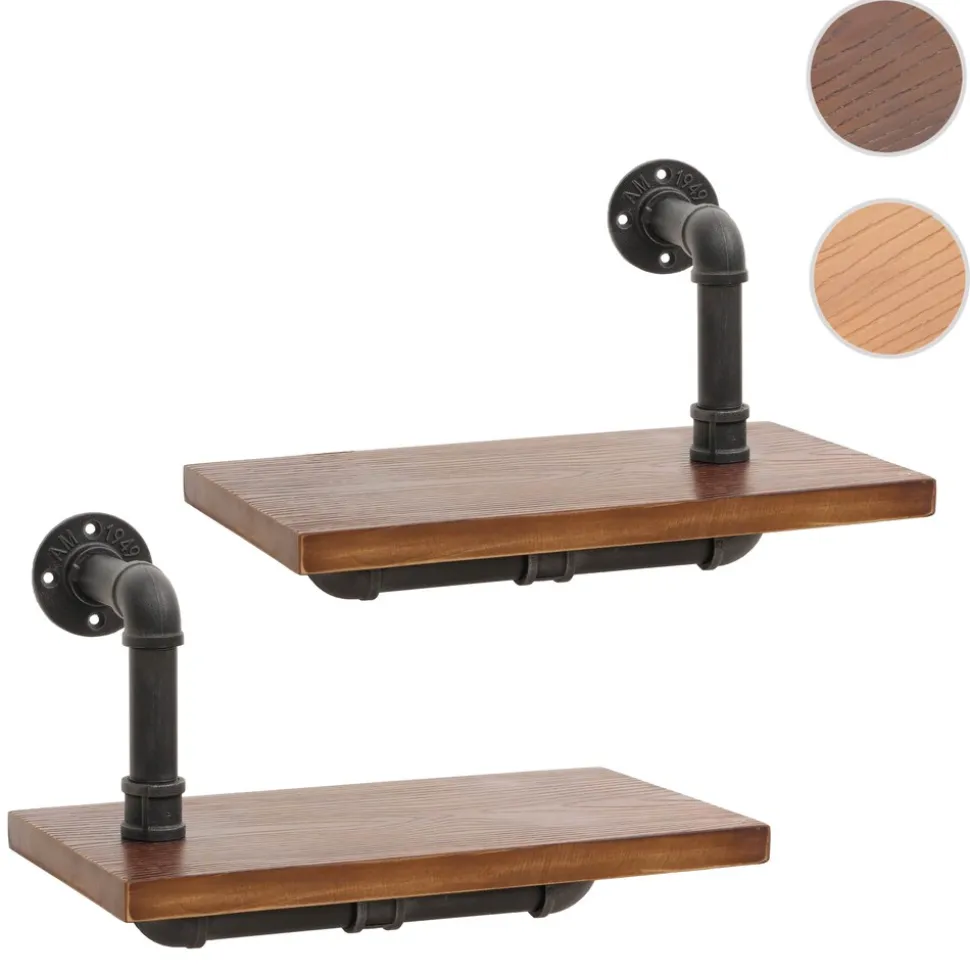 2er-Set Wandregal MCW-N29, Hängeregal Regal Bücherregal, 3D-Struktur Industrial Stahl Massiv-Holz 29x45x25cm ~ braun