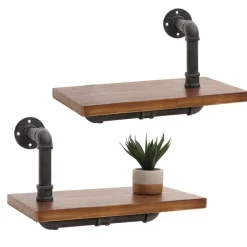 2er-Set Wandregal MCW-N29, Hängeregal Regal Bücherregal, 3D-Struktur Industrial Stahl Massiv-Holz 29x45x25cm ~ braun