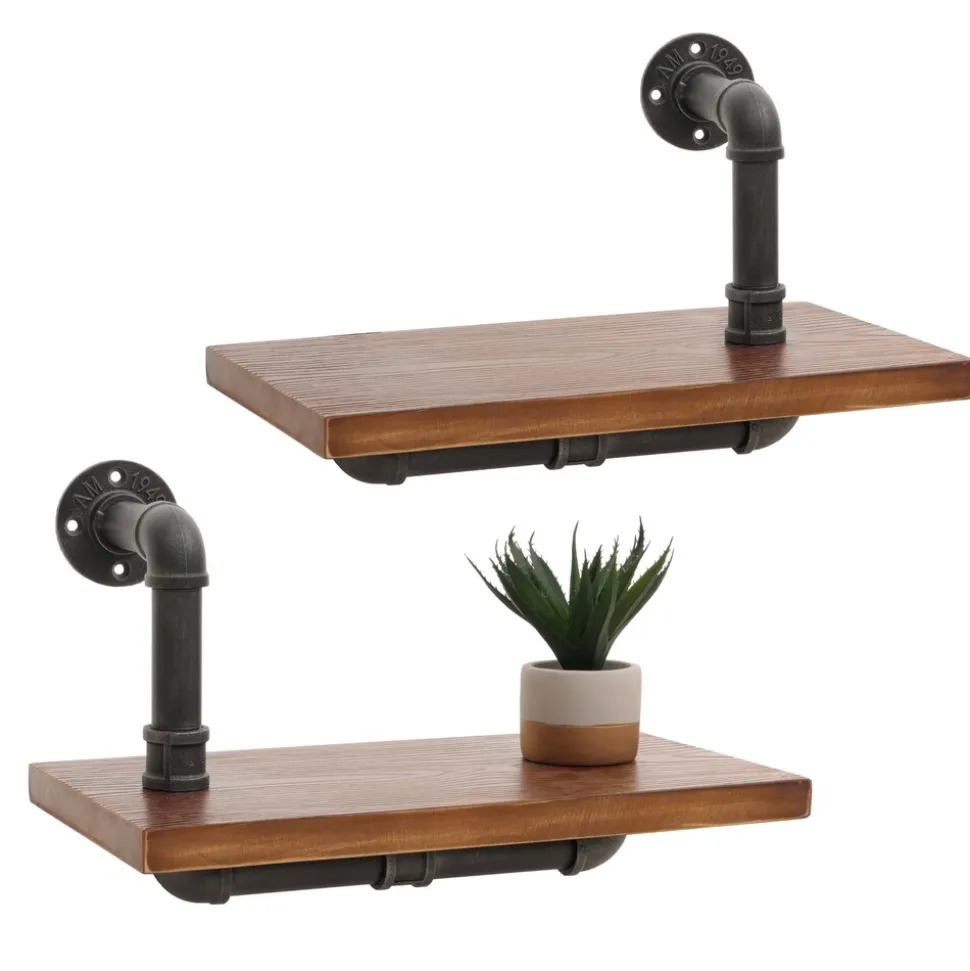 2er-Set Wandregal MCW-N29, Hängeregal Regal Bücherregal, 3D-Struktur Industrial Stahl Massiv-Holz 29x45x25cm ~ braun