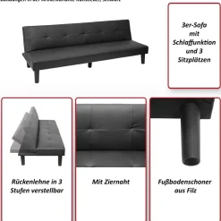 3er-Sofa MCW-G11, Couch Schlafsofa Gästebett Bettsofa Klappsofa, Schlaffunktion 195cm ~ Stoff/Textil, grau